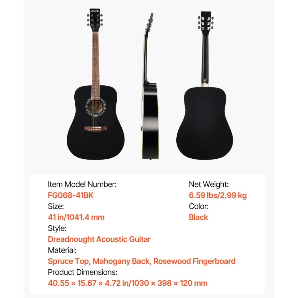 VEVOR Dreadnought Acoustic Guitar, 41 in, 6-String Black Solid Spruce Top Guitar, Beginner Bundle with Gig Bag, Tuner, Strap, Steel Strings, Picks, Capo, Rosewood Fingerboard, for Adult Taller Player