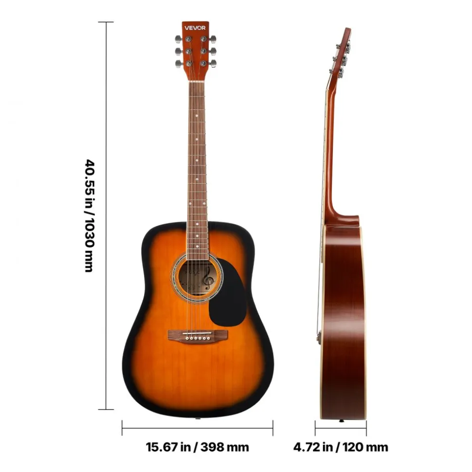 VEVOR Dreadnought Acoustic Guitar, 39 in, 6-String Natural Solid Spruce Top Guitar, Portable Bundle with Gig Bag, Tuner, Strap, Steel Strings, Picks, Capo, Rosewood Fingerboard, for Beginner Adults
