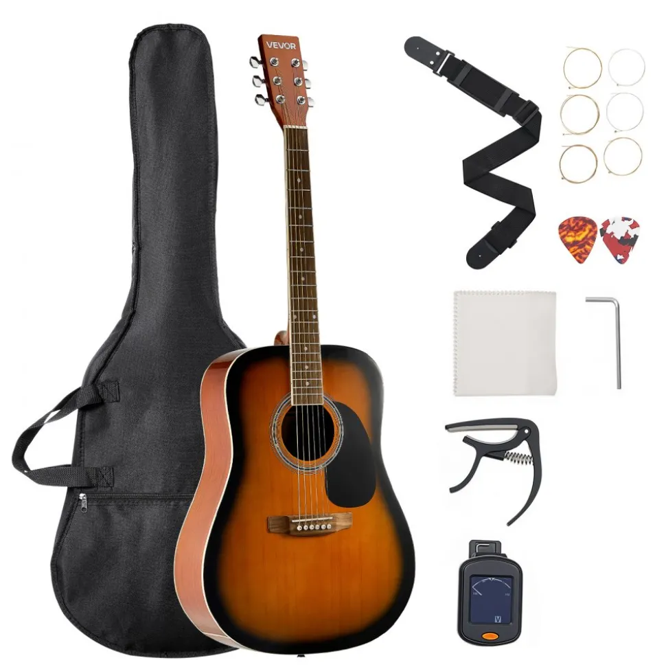 VEVOR Dreadnought Acoustic Guitar, 39 in, 6-String Natural Solid Spruce Top Guitar, Portable Bundle with Gig Bag, Tuner, Strap, Steel Strings, Picks, Capo, Rosewood Fingerboard, for Beginner Adults