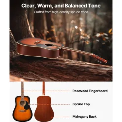 VEVOR Dreadnought Acoustic Guitar, 39 in, 6-String Natural Solid Spruce Top Guitar, Portable Bundle with Gig Bag, Tuner, Strap, Steel Strings, Picks, Capo, Rosewood Fingerboard, for Beginner Adults