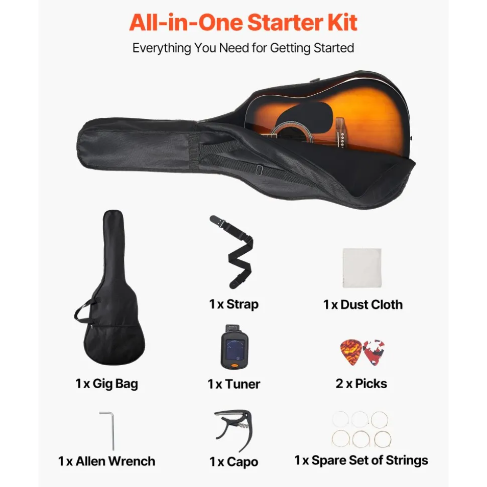 VEVOR Dreadnought Acoustic Guitar, 39 in, 6-String Natural Solid Spruce Top Guitar, Portable Bundle with Gig Bag, Tuner, Strap, Steel Strings, Picks, Capo, Rosewood Fingerboard, for Beginner Adults
