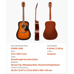 VEVOR Dreadnought Acoustic Guitar, 39 in, 6-String Natural Solid Spruce Top Guitar, Portable Bundle with Gig Bag, Tuner, Strap, Steel Strings, Picks, Capo, Rosewood Fingerboard, for Beginner Adults