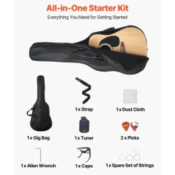 VEVOR Dreadnought Acoustic Guitar, 41 in, 6-String Natural Solid Spruce Top Guitar, Beginner Bundle with Gig Bag, Tuner, Strap, Strings, Picks, Capo, Rosewood Fingerboard, for Adults Taller Players