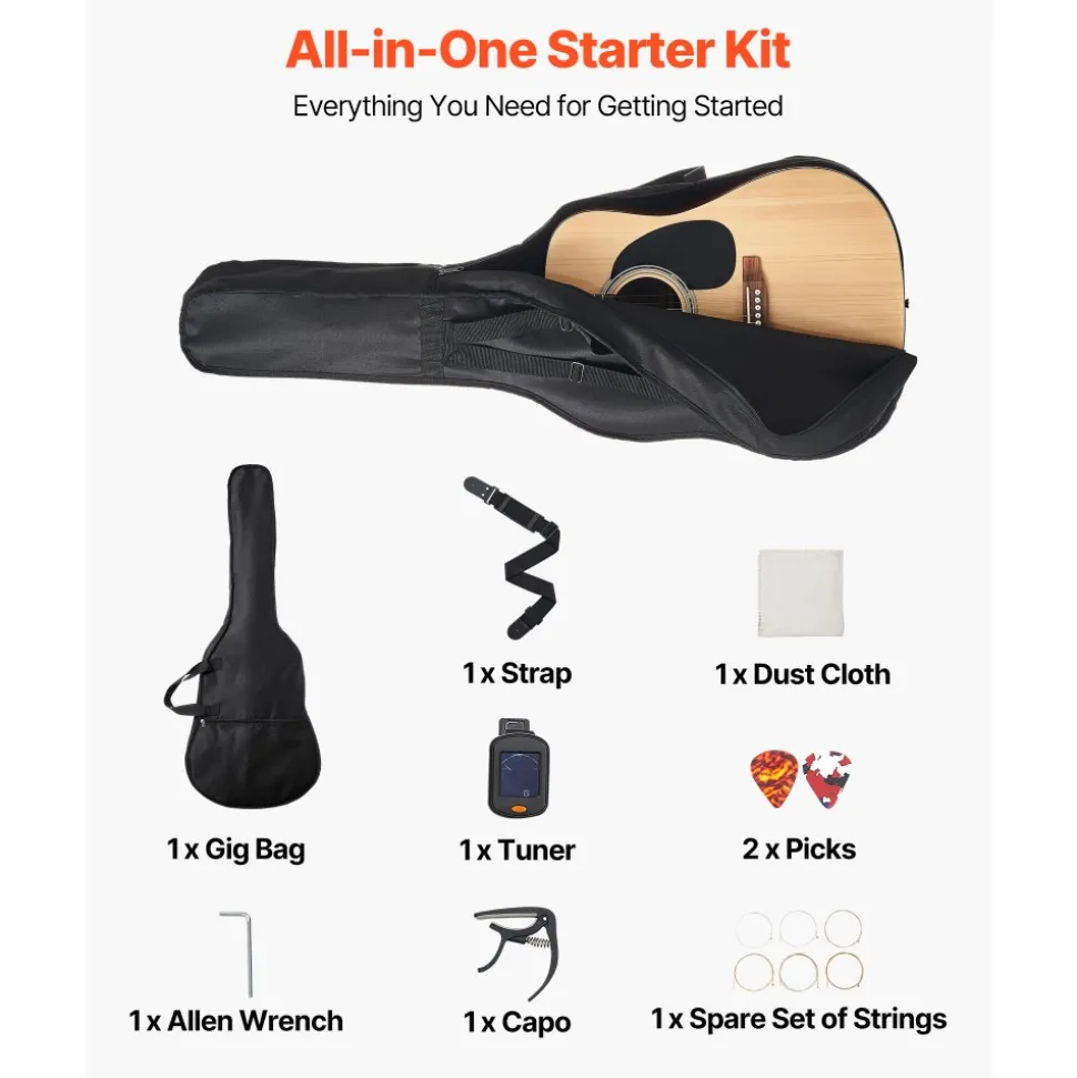 VEVOR Dreadnought Acoustic Guitar, 41 in, 6-String Natural Solid Spruce Top Guitar, Beginner Bundle with Gig Bag, Tuner, Strap, Strings, Picks, Capo, Rosewood Fingerboard, for Adults Taller Players