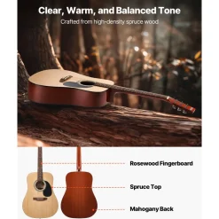 VEVOR Dreadnought Acoustic Guitar, 41 in, 6-String Natural Solid Spruce Top Guitar, Beginner Bundle with Gig Bag, Tuner, Strap, Strings, Picks, Capo, Rosewood Fingerboard, for Adults Taller Players