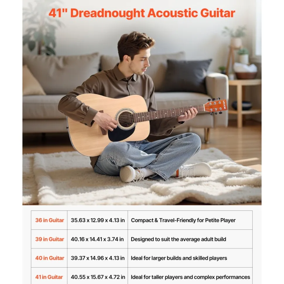 VEVOR Dreadnought Acoustic Guitar, 41 in, 6-String Natural Solid Spruce Top Guitar, Beginner Bundle with Gig Bag, Tuner, Strap, Strings, Picks, Capo, Rosewood Fingerboard, for Adults Taller Players