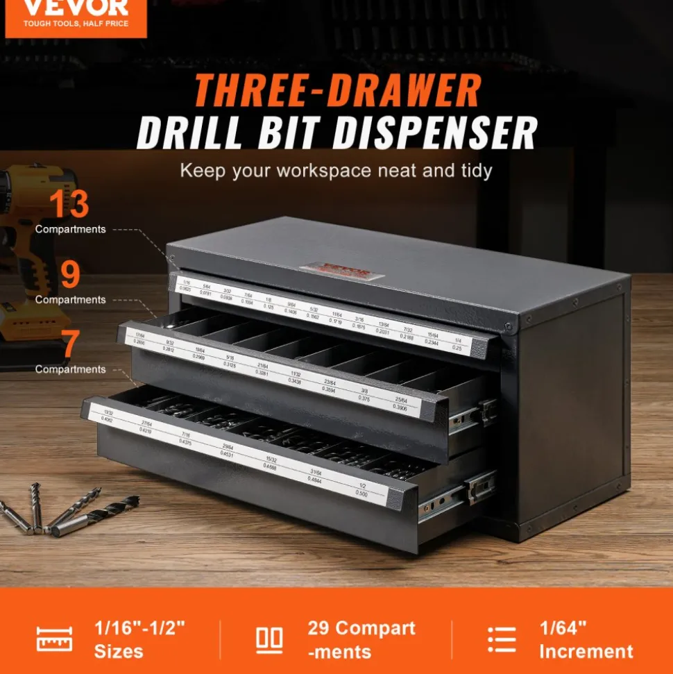 VEVOR Drill Bit Dispenser Cabinet, Five-Drawer Drill Bit Organizer Cabinet for 33/64" to 63/64" Steel Drill Dispenser Organizer Cabinet with Labels, Stackable Drill Dispenser for Drill Bit Storage