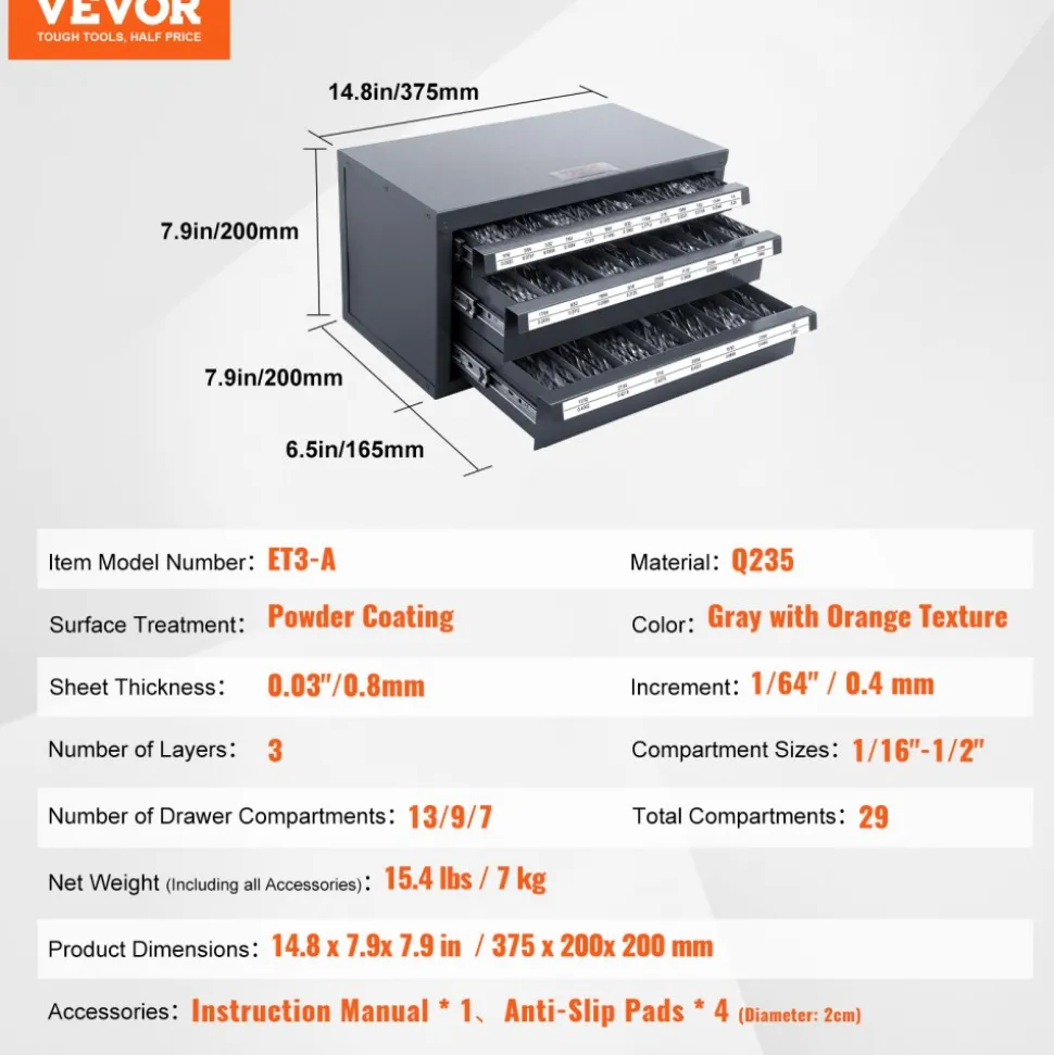 VEVOR Drill Bit Dispenser Cabinet, Five-Drawer Drill Bit Organizer Cabinet for 33/64" to 63/64" Steel Drill Dispenser Organizer Cabinet with Labels, Stackable Drill Dispenser for Drill Bit Storage