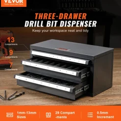 VEVOR Drill Bit Dispenser Cabinet, Three-Drawer Drill Bit Organizer Cabinet for 1mm to 13mm, Steel Drill Dispenser Organizer Cabinet with Labels, Stackable Drill Dispenser for Drill Bit Storage