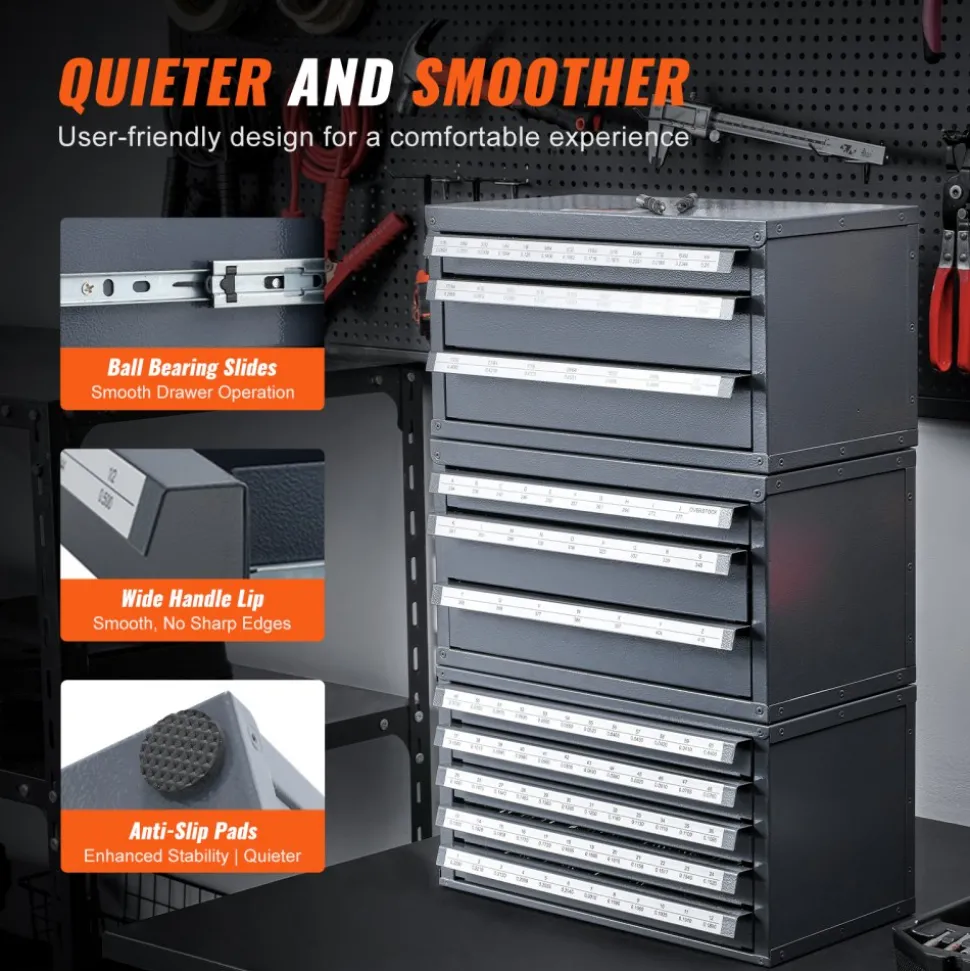 VEVOR Drill Bit Dispenser Cabinet, Three-Drawer Drill Bit Organizer Cabinet for 1mm to 13mm, Steel Drill Dispenser Organizer Cabinet with Labels, Stackable Drill Dispenser for Drill Bit Storage