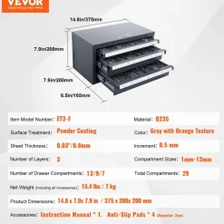 VEVOR Drill Bit Dispenser Cabinet, Three-Drawer Drill Bit Organizer Cabinet for 1mm to 13mm, Steel Drill Dispenser Organizer Cabinet with Labels, Stackable Drill Dispenser for Drill Bit Storage