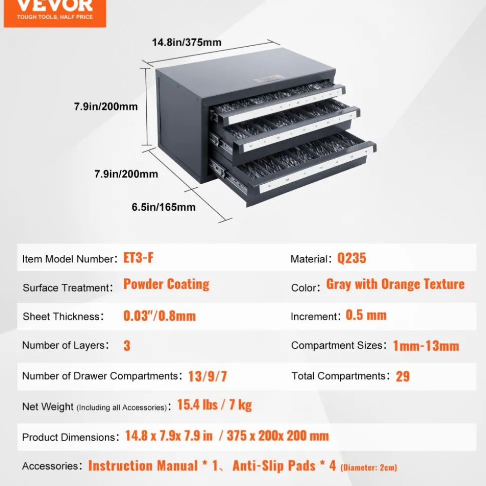 VEVOR Drill Bit Dispenser Cabinet, Three-Drawer Drill Bit Organizer Cabinet for 1mm to 13mm, Steel Drill Dispenser Organizer Cabinet with Labels, Stackable Drill Dispenser for Drill Bit Storage