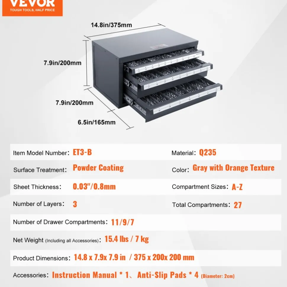 VEVOR Drill Bit Dispenser Cabinet, Three-Drawer Drill Bit Organizer Cabinet for A to Z, Steel Drill Dispenser Organizer Cabinet with Labels, Stackable Drill Dispenser for Drill Bit Storage