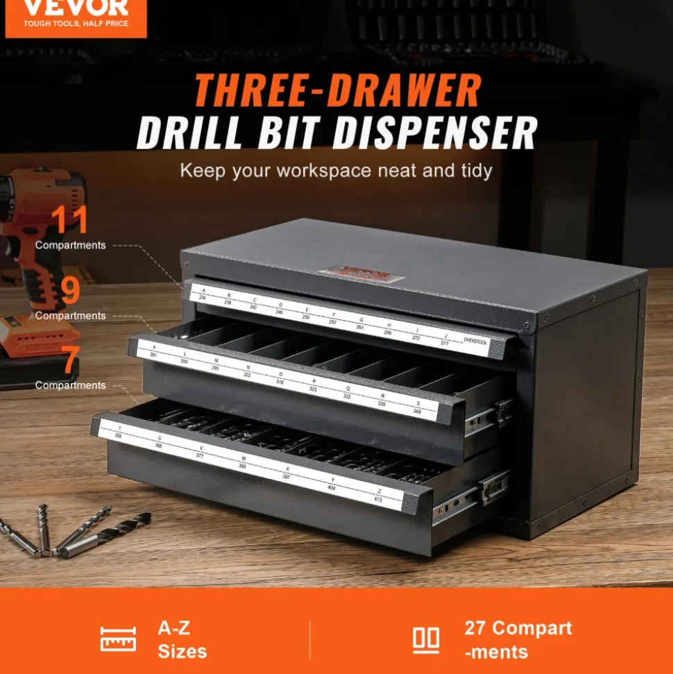 VEVOR Drill Bit Dispenser Cabinet, Three-Drawer Drill Bit Organizer Cabinet for A to Z, Steel Drill Dispenser Organizer Cabinet with Labels, Stackable Drill Dispenser for Drill Bit Storage