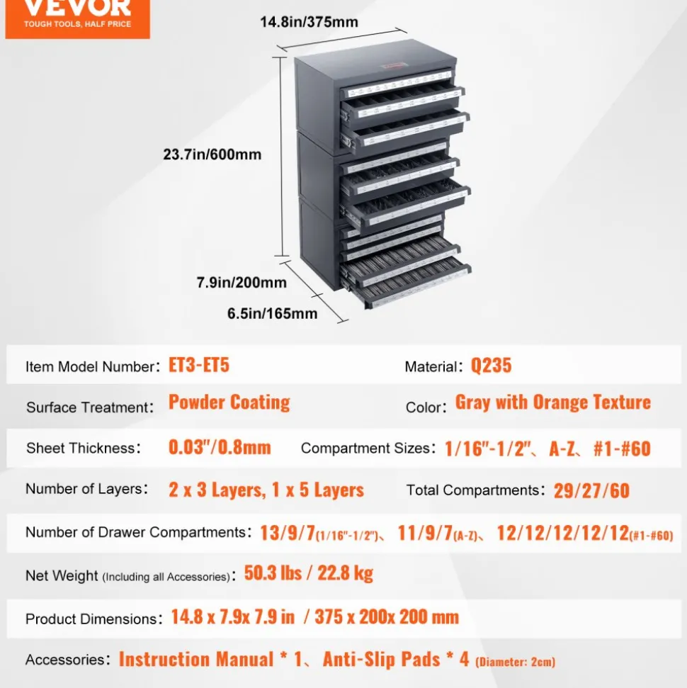 VEVOR Drill Bit Dispenser Cabinet, 3 Pieces Three-Drawer for 1/16" to 1/2" & Letter Sizes A to Z, Five-Drawer Drill Bit Organizer for Wire Gauge Sizes #1 to #60, Stackable for Drill Bit Storage