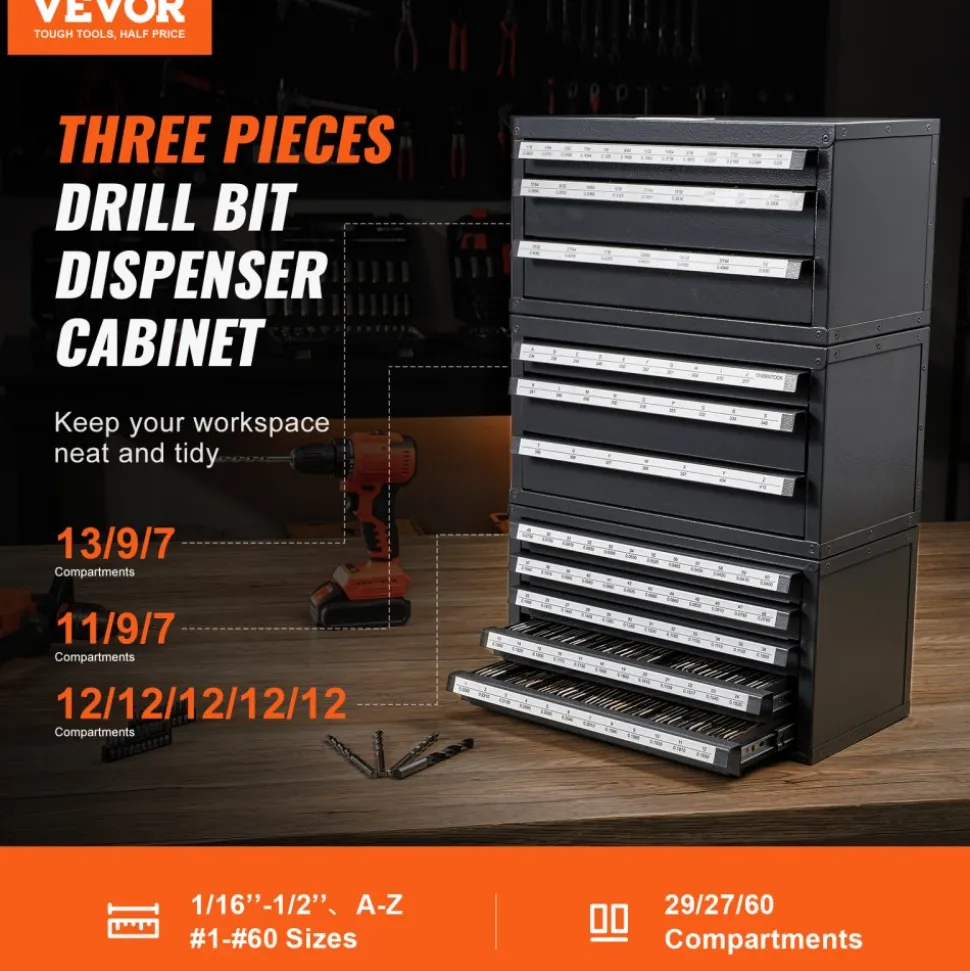 VEVOR Drill Bit Dispenser Cabinet, 3 Pieces Three-Drawer for 1/16" to 1/2" & Letter Sizes A to Z, Five-Drawer Drill Bit Organizer for Wire Gauge Sizes #1 to #60, Stackable for Drill Bit Storage