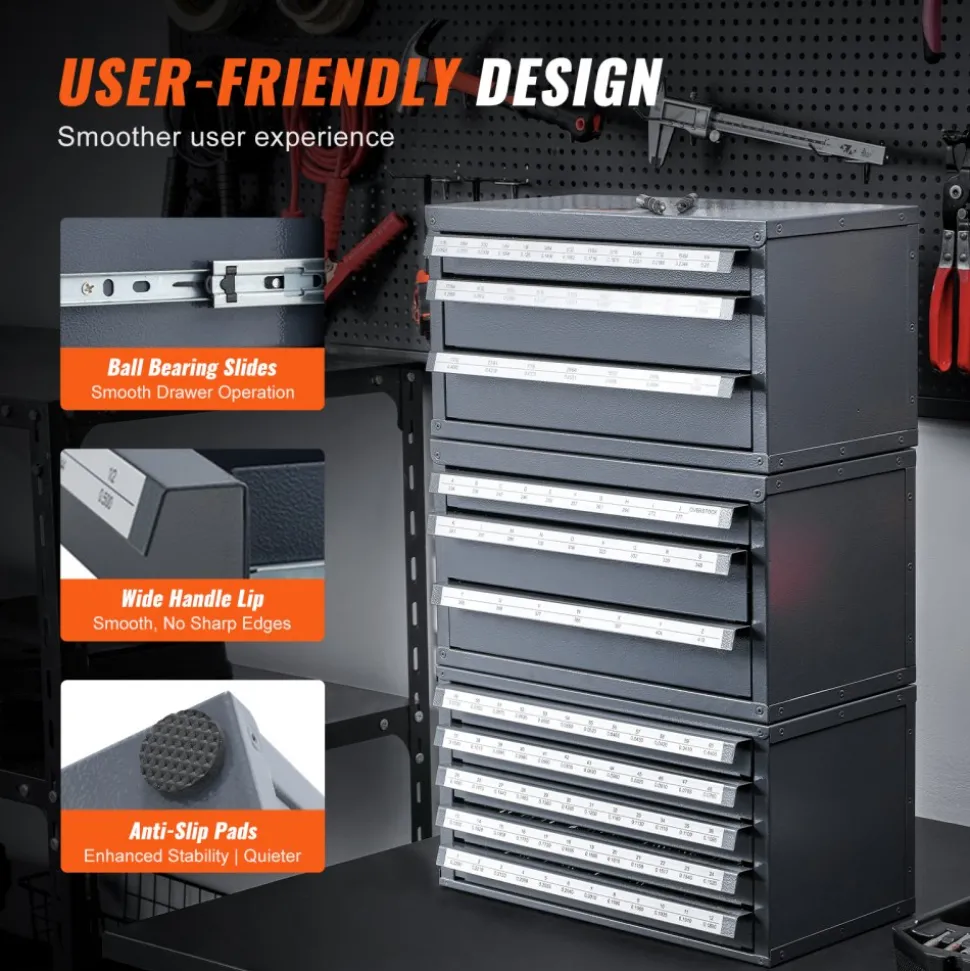 VEVOR Drill Bit Dispenser Cabinet, 3 Pieces Three-Drawer for 1/16" to 1/2" & Letter Sizes A to Z, Five-Drawer Drill Bit Organizer for Wire Gauge Sizes #1 to #60, Stackable for Drill Bit Storage