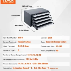 VEVOR Drill Bit Dispenser Cabinet, Five-Drawer Drill Bit Organizer Cabinet for #1 to #60 Steel Drill Dispenser Organizer Cabinet with Labels, Stackable Drill Dispenser for Drill Bit Storage
