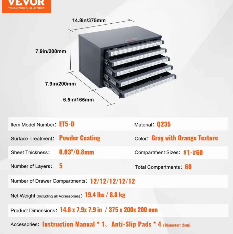 VEVOR Drill Bit Dispenser Cabinet, Five-Drawer Drill Bit Organizer Cabinet for #1 to #60 Steel Drill Dispenser Organizer Cabinet with Labels, Stackable Drill Dispenser for Drill Bit Storage
