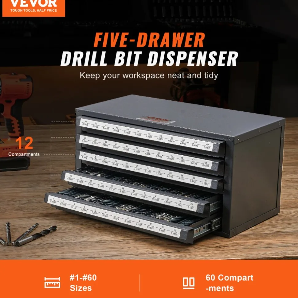 VEVOR Drill Bit Dispenser Cabinet, Five-Drawer Drill Bit Organizer Cabinet for #1 to #60 Steel Drill Dispenser Organizer Cabinet with Labels, Stackable Drill Dispenser for Drill Bit Storage