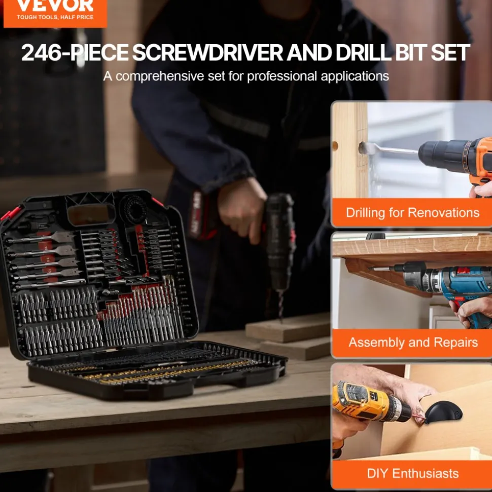 VEVOR Drill Bit Set, 246 Pieces Drill and Driver Bit Set, Screwdriver Bit Set Suitable for Wood Metal Cement Drilling and Screw Driving, Drill Bit Sets Combo Kit Assorted in Organized Carrying Case