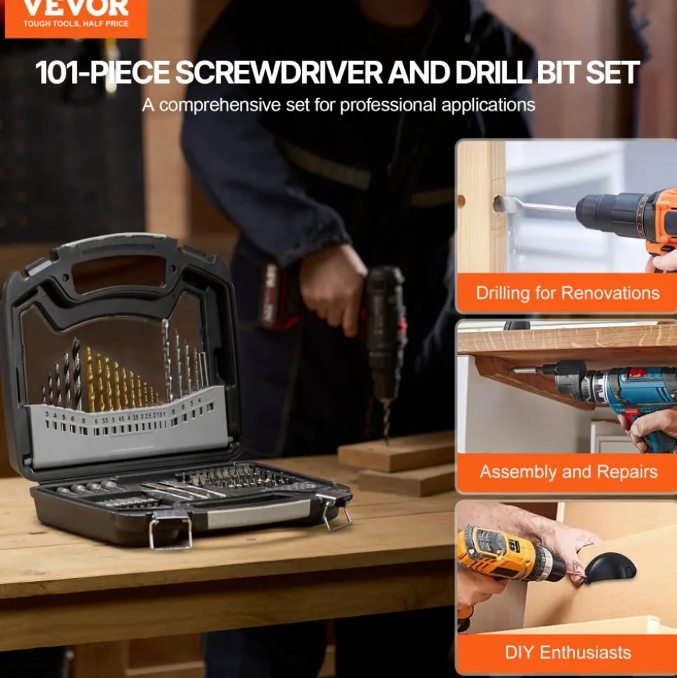 VEVOR Drill Bit Set, 101 Pieces Drill and Driver Bit Set, Screwdriver Bit Set Suitable for Wood Metal Cement Drilling and Screw Driving, Drill Bit Sets Combo Kit Assorted in Organized Carrying Case