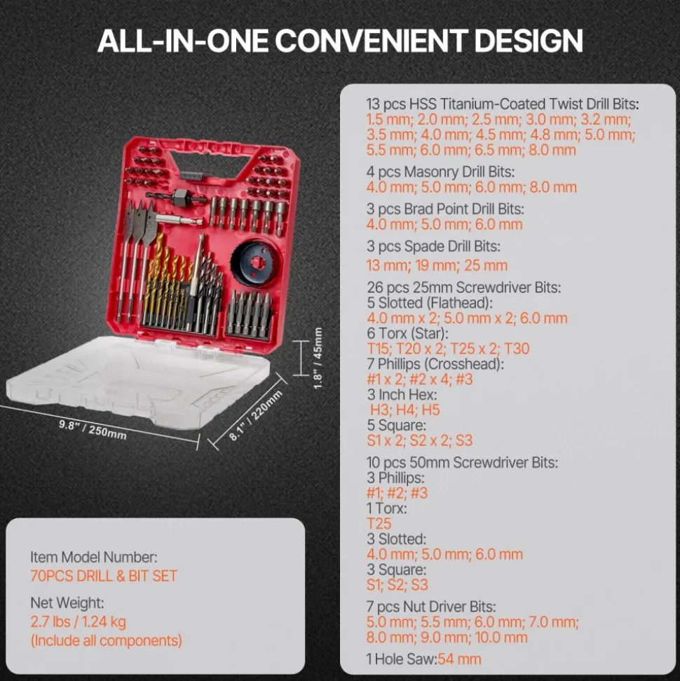 VEVOR Drill Bit Set, 70 Pieces Drill and Driver Bit Set, Screwdriver Bit Set Suitable for Wood Metal Cement Drilling and Screw Driving, Drill Bit Sets Combo Kit Assorted in Organized Carrying Case
