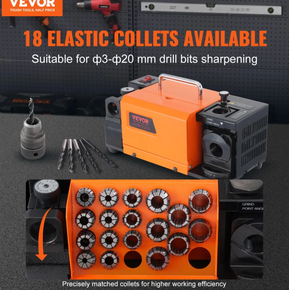 VEVOR Drill Bits Sharpener, 3-20mm End Mill Grinder Sharpener, Lip Relief Angle & 95°-135° Point Angle Adjustable Drill Bit Re-Sharpener, Portable Sharpening Machine with 18 Collets, CBN & SDC Wheel
