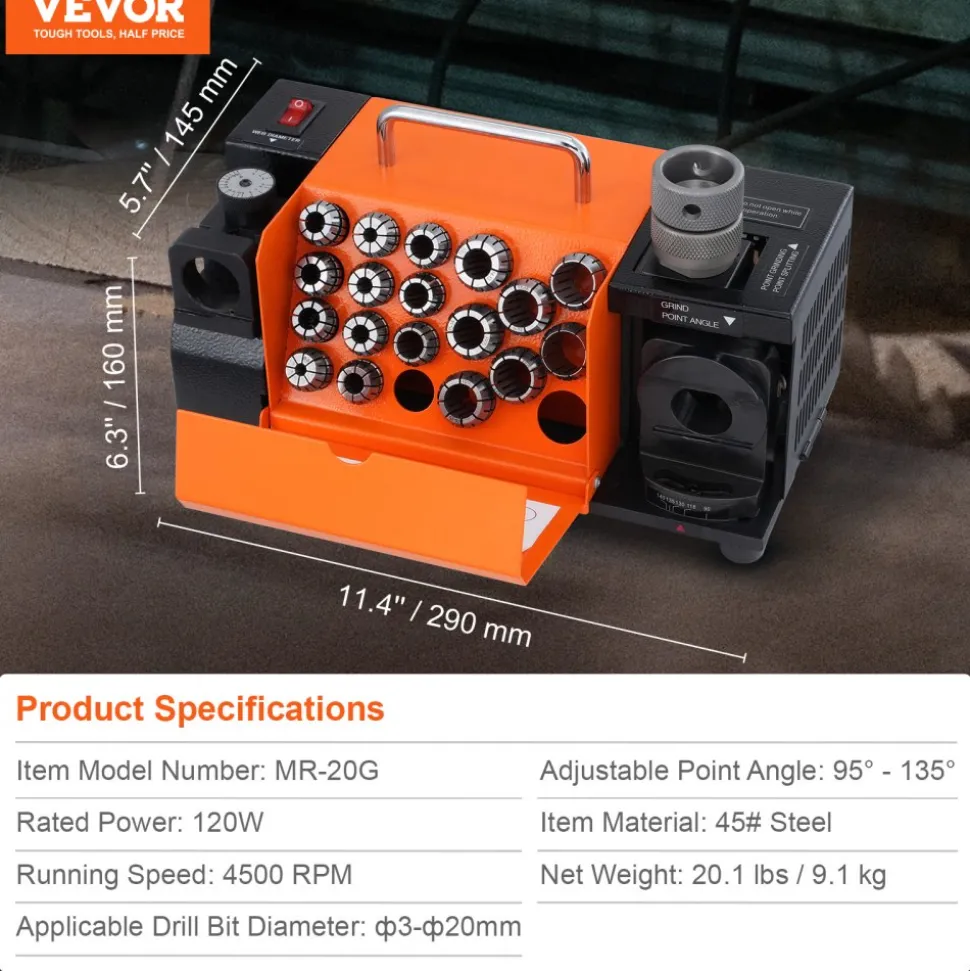 VEVOR Drill Bits Sharpener, 3-20mm End Mill Grinder Sharpener, Lip Relief Angle & 95°-135° Point Angle Adjustable Drill Bit Re-Sharpener, Portable Sharpening Machine with 18 Collets, CBN & SDC Wheel