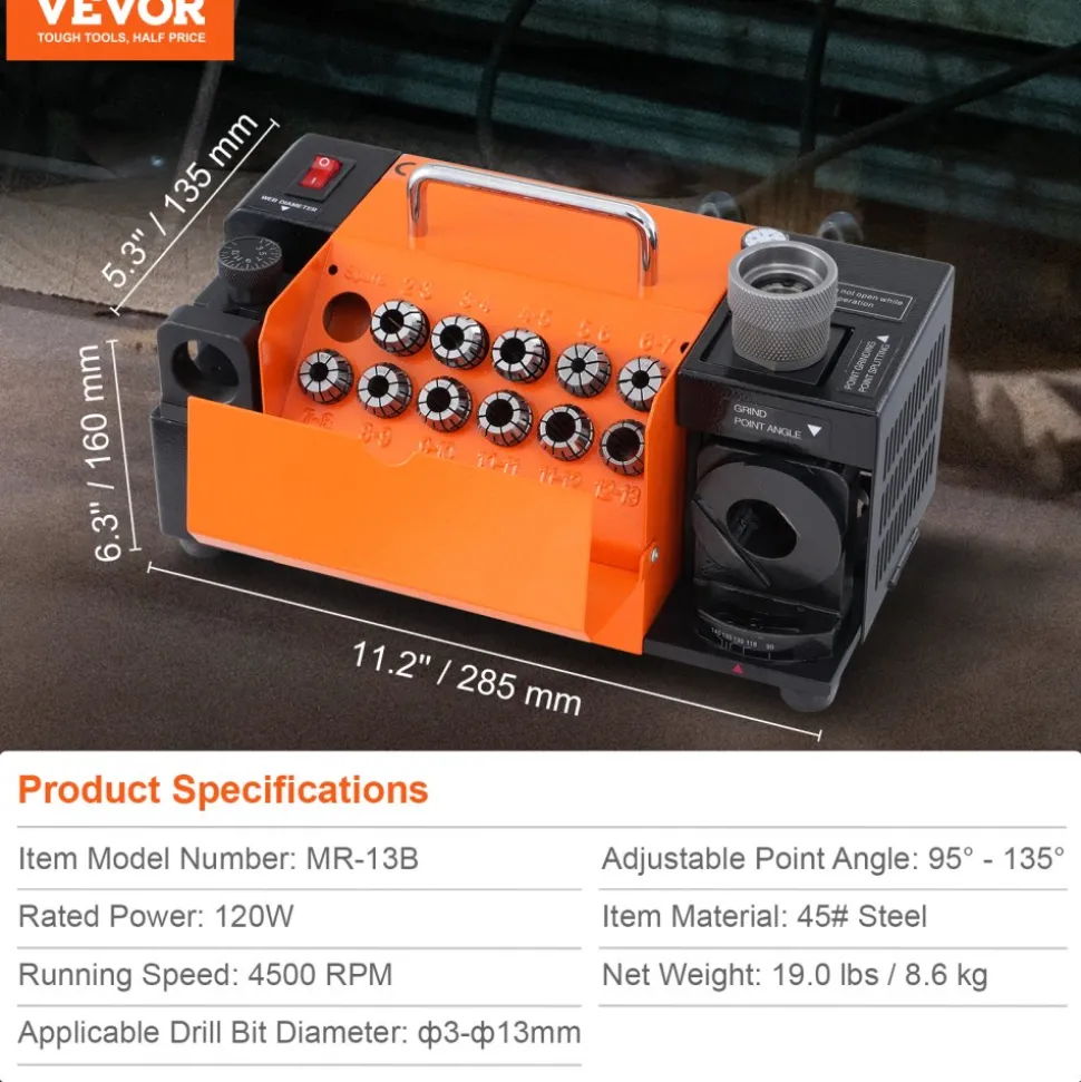 VEVOR Drill Bits Sharpener, 3-13mm Drill Bits Grinder Sharpener, Lip Relief Angle & 95°-135° Point Angle Adjustable Drill Bit Re-Sharpener, Portable Sharpening Machine with 11 Collets, CBN & SDC Wheel