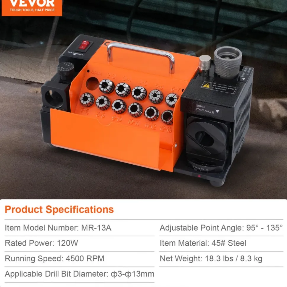 VEVOR Drill Bits Sharpener, MR-13A End Mill Grinder Sharpener 3-13mm, 95° to 135° Point Angle Adjustable Drill Bit Re-Sharpener, Portable Bits Sharpening Machine with 11 Collets, CBN Wheel for HSS