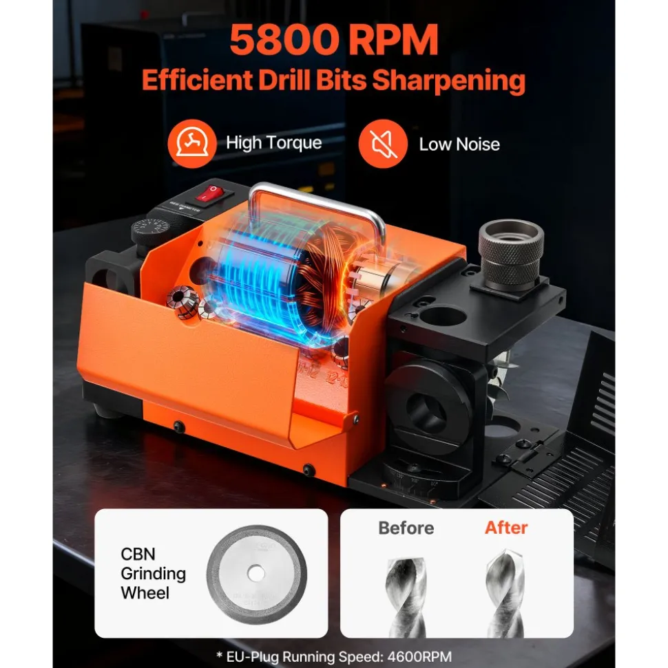 VEVOR Drill Bits Sharpener MR-13A+, 3-15mm Drill Bit Grinder Sharpener with 95°-135° Adjustable Point Angle, 5800RPM High Speed Re-Sharpening Machine with 13 Collets & CBN Wheel for Workshops Garages