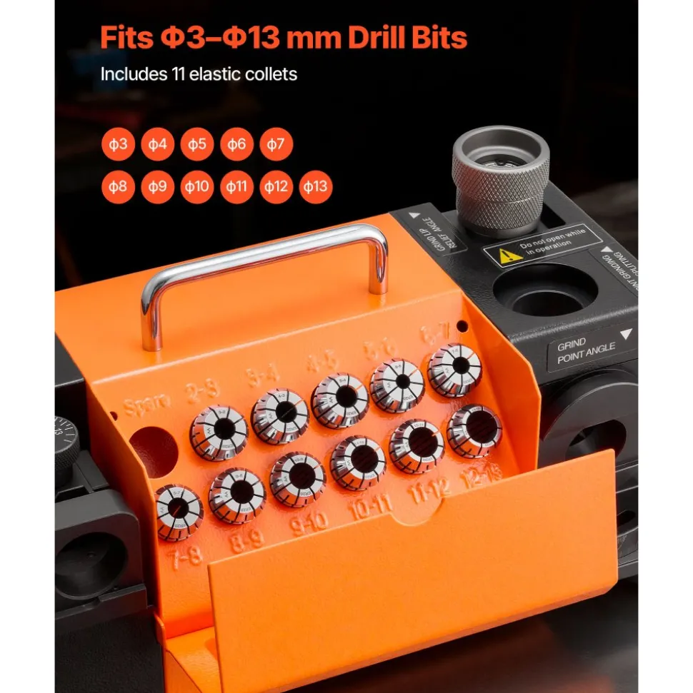 VEVOR Drill Bits Sharpener MR-13A+, 3-15mm Drill Bit Grinder Sharpener with 95°-135° Adjustable Point Angle, 5800RPM High Speed Re-Sharpening Machine with 13 Collets & CBN Wheel for Workshops Garages