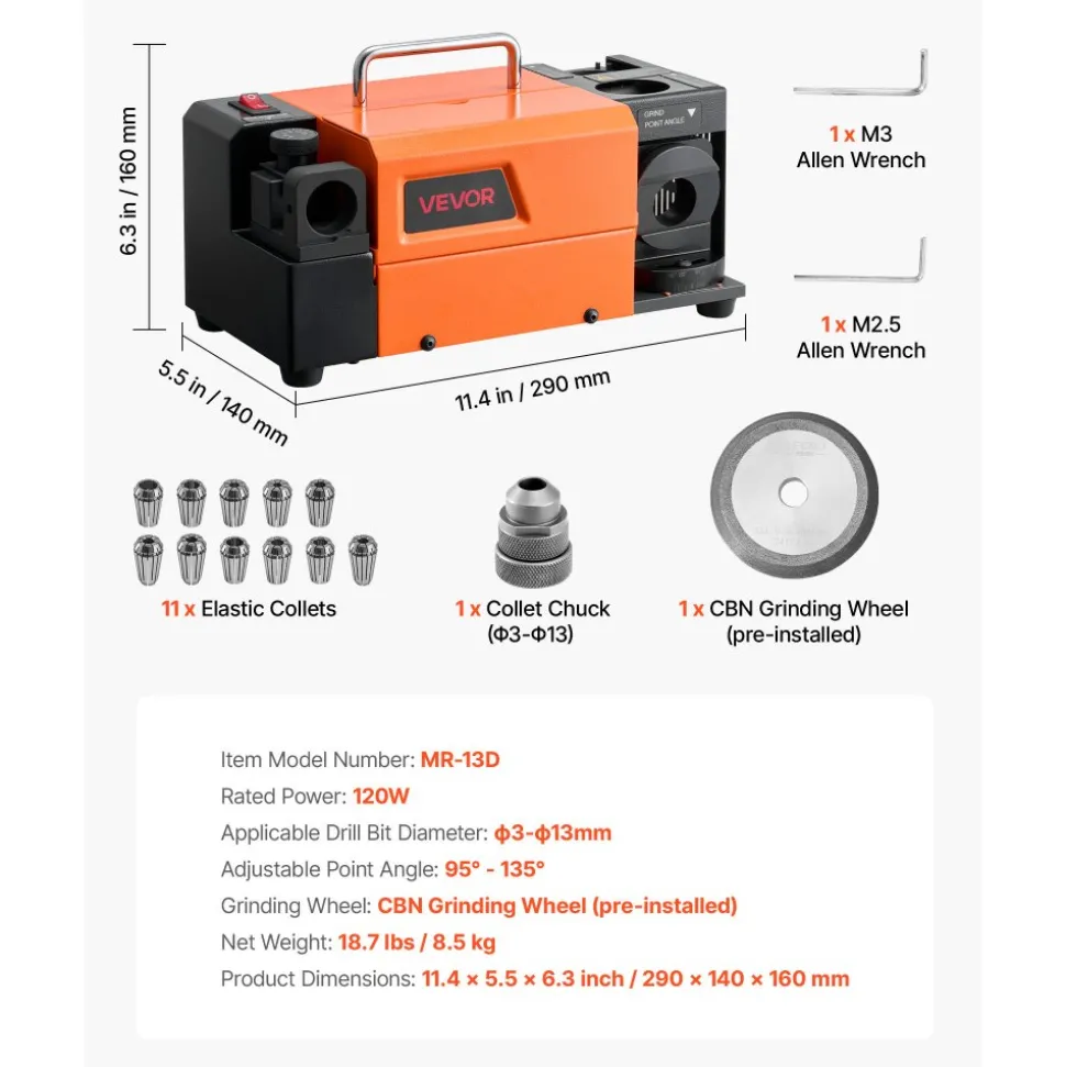 VEVOR Drill Bits Sharpener MR-13A+, 3-15mm Drill Bit Grinder Sharpener with 95°-135° Adjustable Point Angle, 5800RPM High Speed Re-Sharpening Machine with 13 Collets & CBN Wheel for Workshops Garages