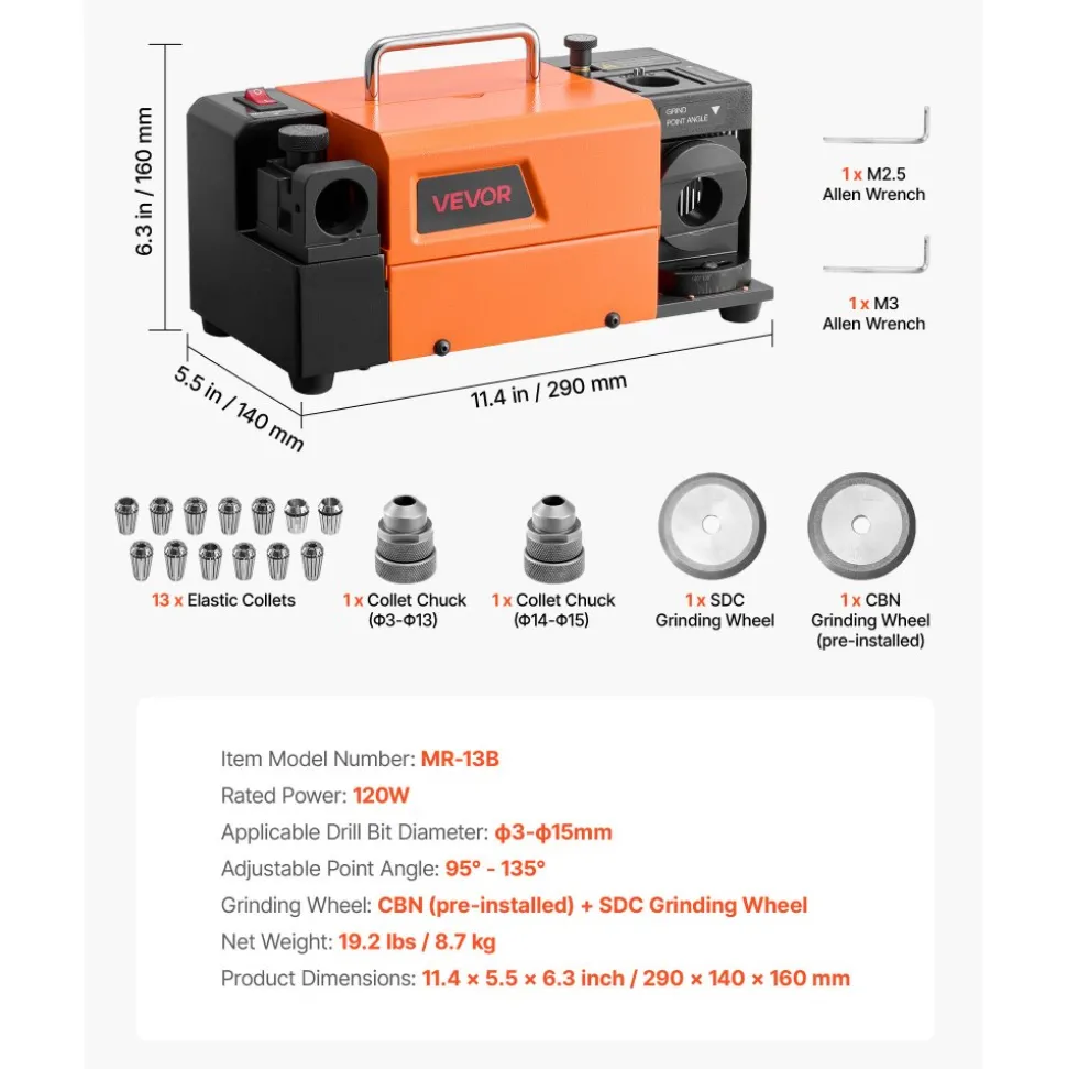 VEVOR Drill Bits Sharpener MR-13B+, 3-15mm Drill Bit Grinder Sharpener with Adjustable Lip Relief Angle & 95°-135° Point Angle, 5800RPM High Speed Re-Sharpener with 13 Collets, CBN & SDC Wheels