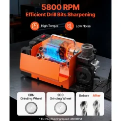 VEVOR Drill Bits Sharpener MR-13B+, 3-15mm Drill Bit Grinder Sharpener with Adjustable Lip Relief Angle & 95°-135° Point Angle, 5800RPM High Speed Re-Sharpener with 13 Collets, CBN & SDC Wheels