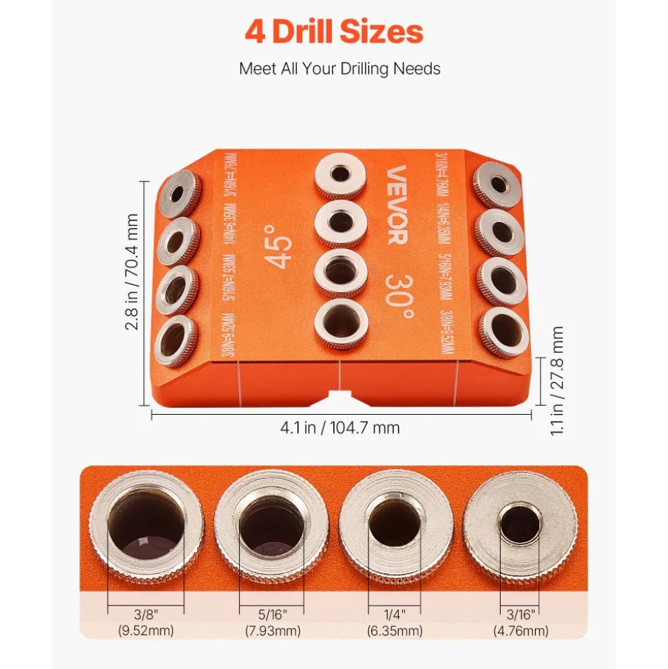 VEVOR Drill Guide, 30/ 45/ 90 Degree Angle 4 Sizes Portable Precision Drilling Guide Jig, for Drilling Angled or Horizontal Holes, Aluminum Alloy, for Deck Cable Railing Wood Post Stair Handrail