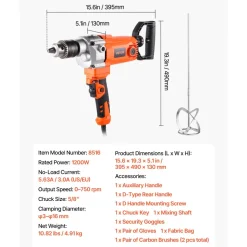 VEVOR Drill Mixer, 5/8 inch Corded Electric Drill Mixer Set, 0-750RPM 5.63A Mixing Drills, Mixing Drills Machine with D-Handle for Drilling & Blending, Handheld Cement Mixers for Fodder, Paint, Cement