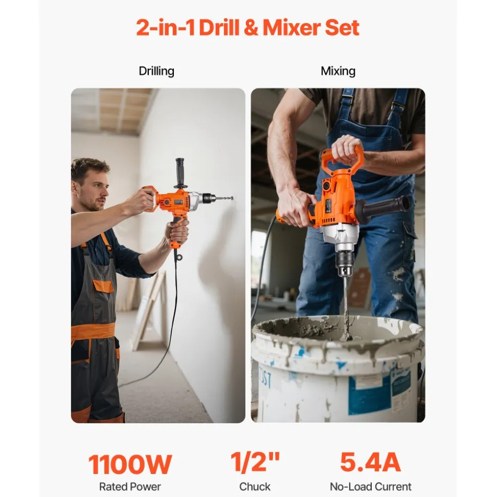 VEVOR Drill Mixer, 1/2 inch Corded Electric Drill Mixer Set, 0-850RPM 5.4A Mixing Drills, Mixing Drills Machine with D-Handle for Drilling & Blending, Handheld Cement Mixers for Fodder, Paint, Cement