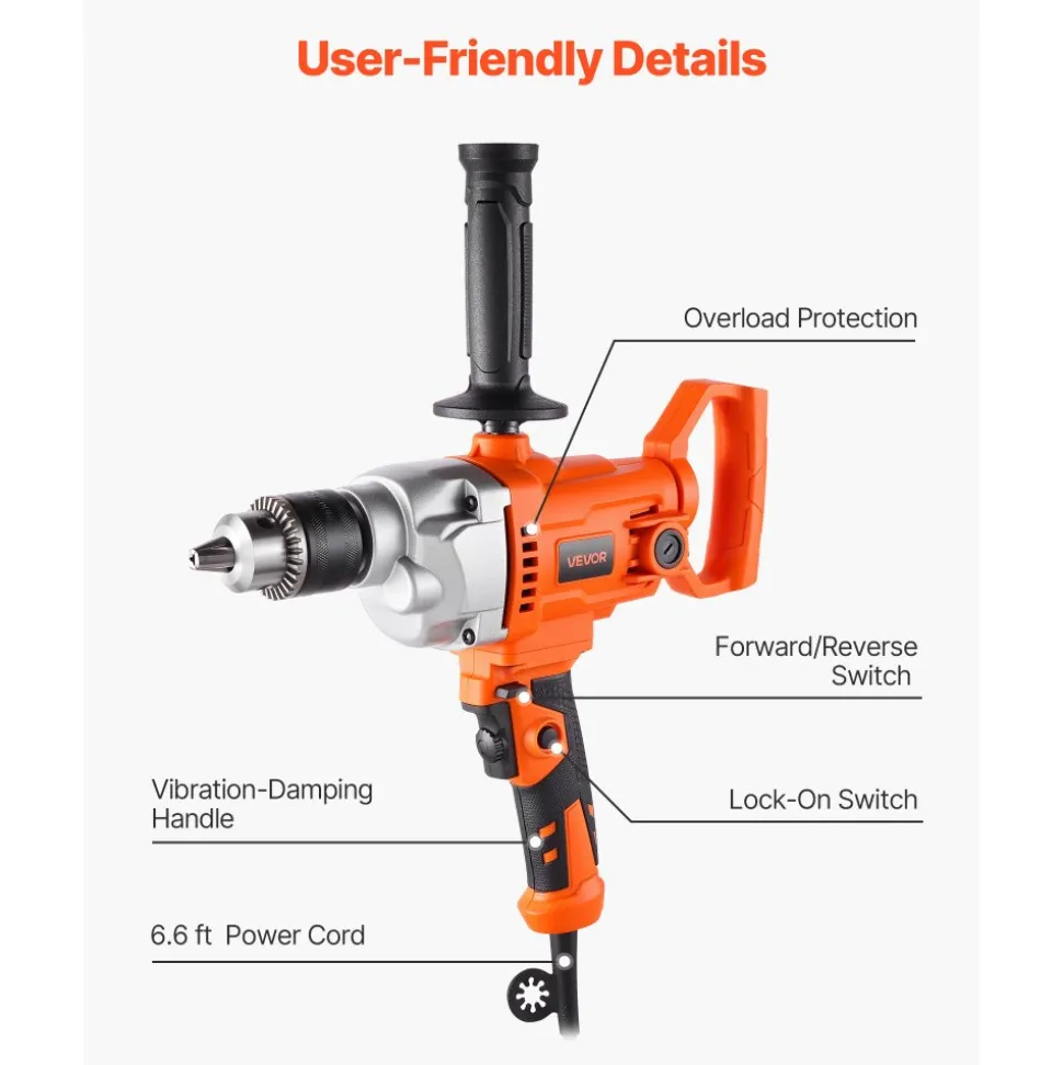 VEVOR Drill Mixer, 1/2 inch Corded Electric Drill Mixer Set, 0-850RPM 5.4A Mixing Drills, Mixing Drills Machine with D-Handle for Drilling & Blending, Handheld Cement Mixers for Fodder, Paint, Cement