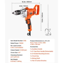 VEVOR Drill Mixer, 1/2 inch Corded Electric Drill Mixer Set, 0-850RPM 5.4A Mixing Drills, Mixing Drills Machine with D-Handle for Drilling & Blending, Handheld Cement Mixers for Fodder, Paint, Cement