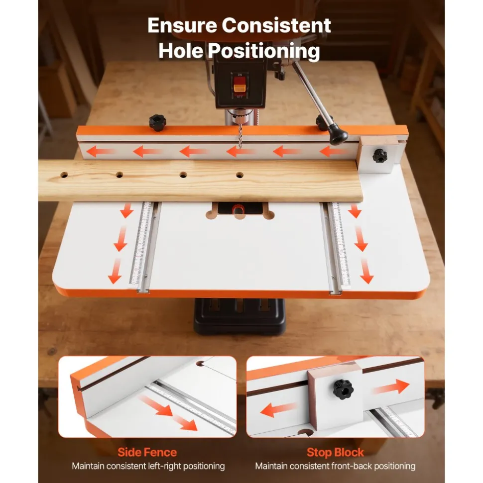 VEVOR Drill Press Table, 24 in x 12 in, Worktable with an Adjustable Fence and Stop Block, Highly Compatible T-Slots, MDF Tabletop, Built-In Scale, Support Multiple Clamps and Vises, for Drill Presses