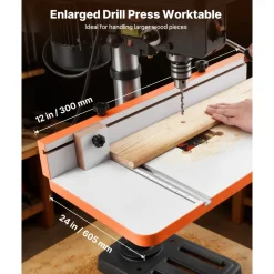 VEVOR Drill Press Table, 24 in x 12 in, Worktable with an Adjustable Fence and Stop Block, Highly Compatible T-Slots, MDF Tabletop, Built-In Scale, Support Multiple Clamps and Vises, for Drill Presses