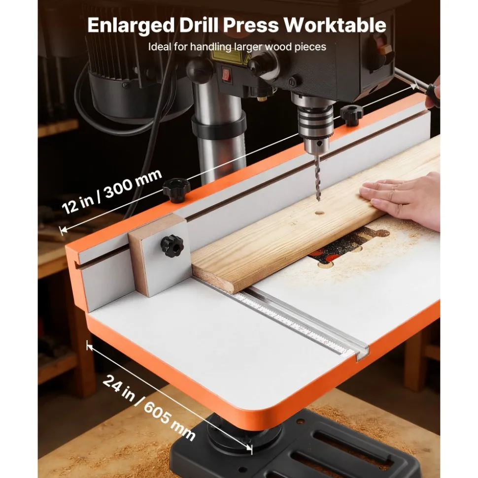 VEVOR Drill Press Table, 24 in x 12 in, Worktable with an Adjustable Fence and Stop Block, Highly Compatible T-Slots, MDF Tabletop, Built-In Scale, Support Multiple Clamps and Vises, for Drill Presses