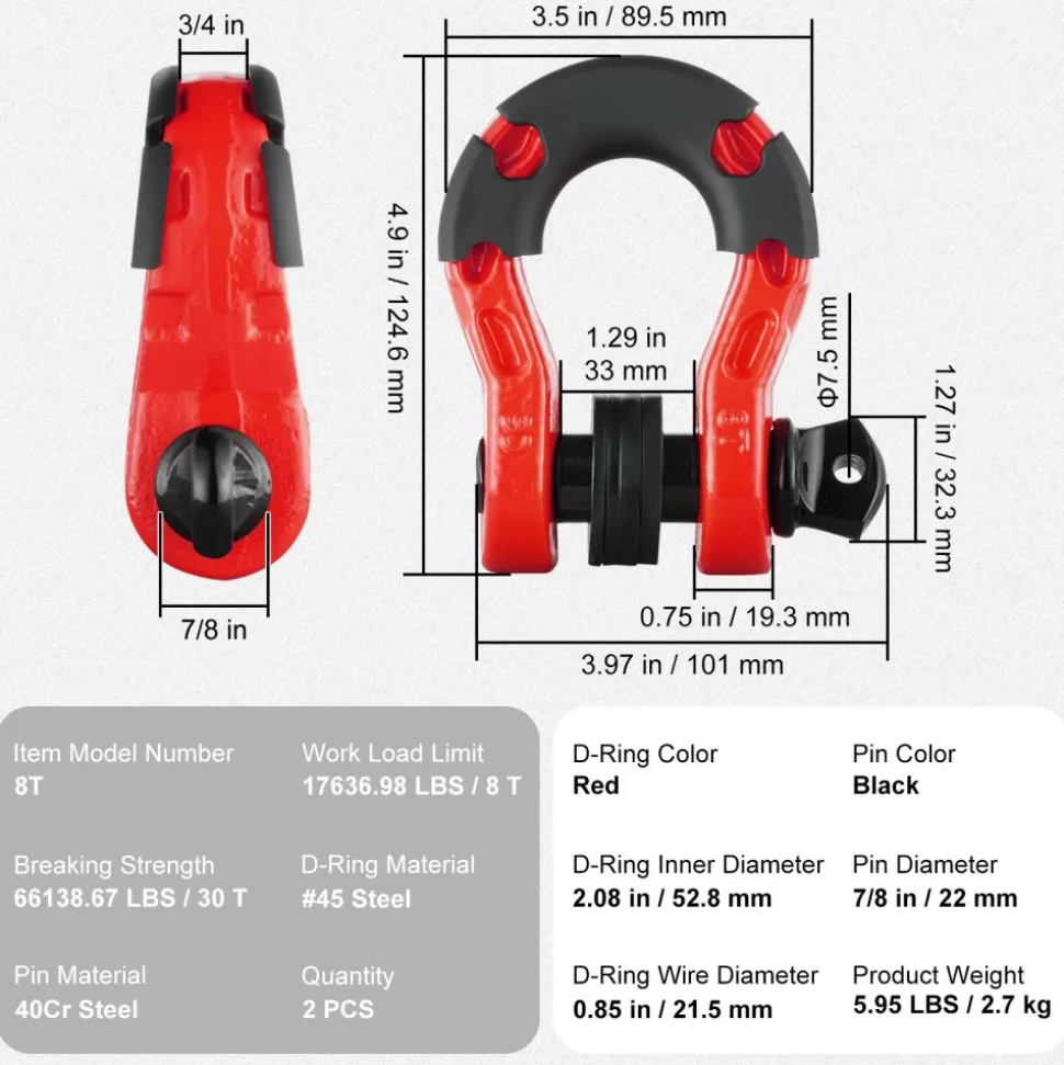 VEVOR 3/4" D-Ring Shackle, 2 Pack Alloy Steel Shackles 66139 lbs (30 Ton) Break Strength with 7/8" Screw Pin, Isolators & Washers, Heavy Duty Off Road Vehicle Recovery Shackle for Jeep Truck, Red