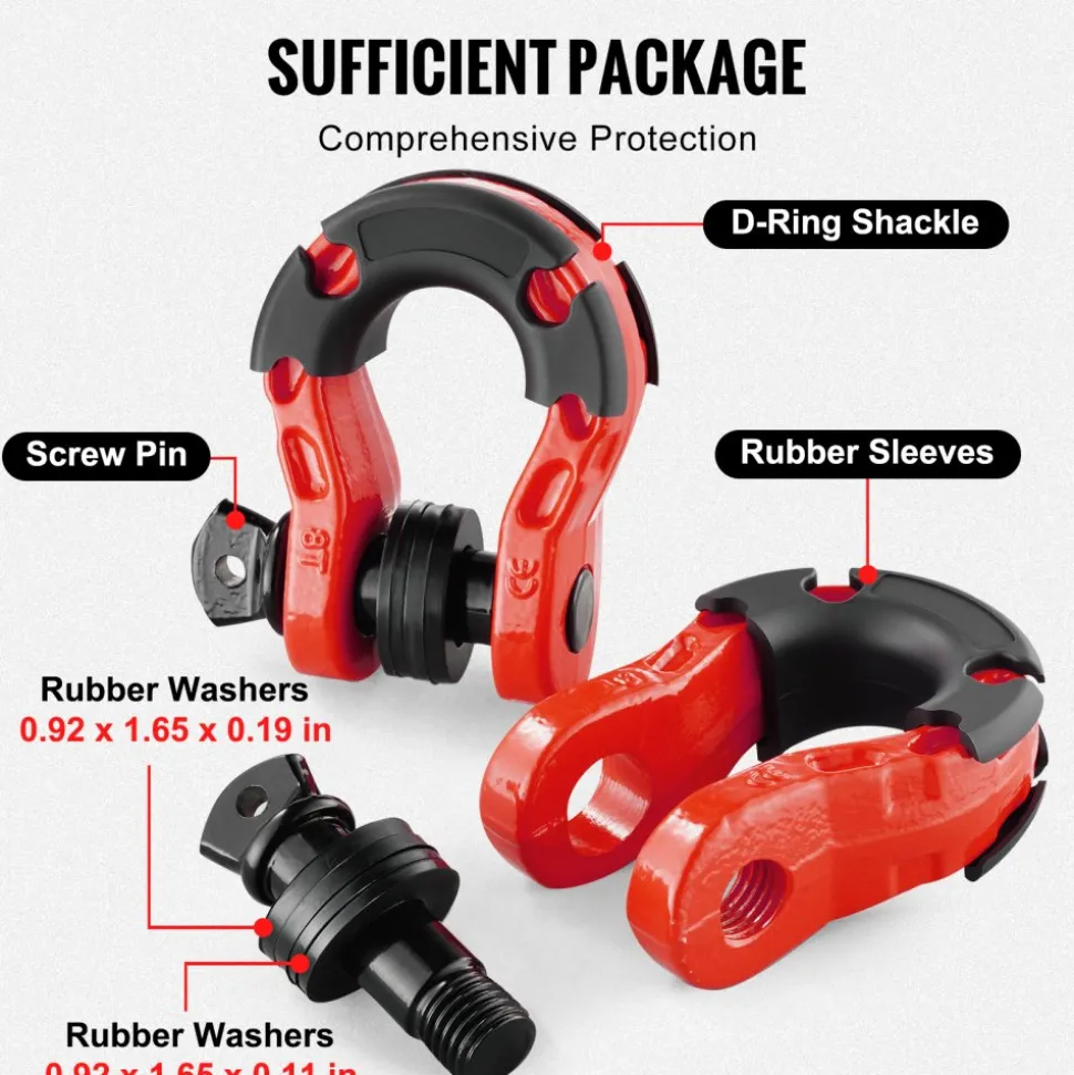VEVOR 3/4" D-Ring Shackle, 2 Pack Alloy Steel Shackles 66139 lbs (30 Ton) Break Strength with 7/8" Screw Pin, Isolators & Washers, Heavy Duty Off Road Vehicle Recovery Shackle for Jeep Truck, Red
