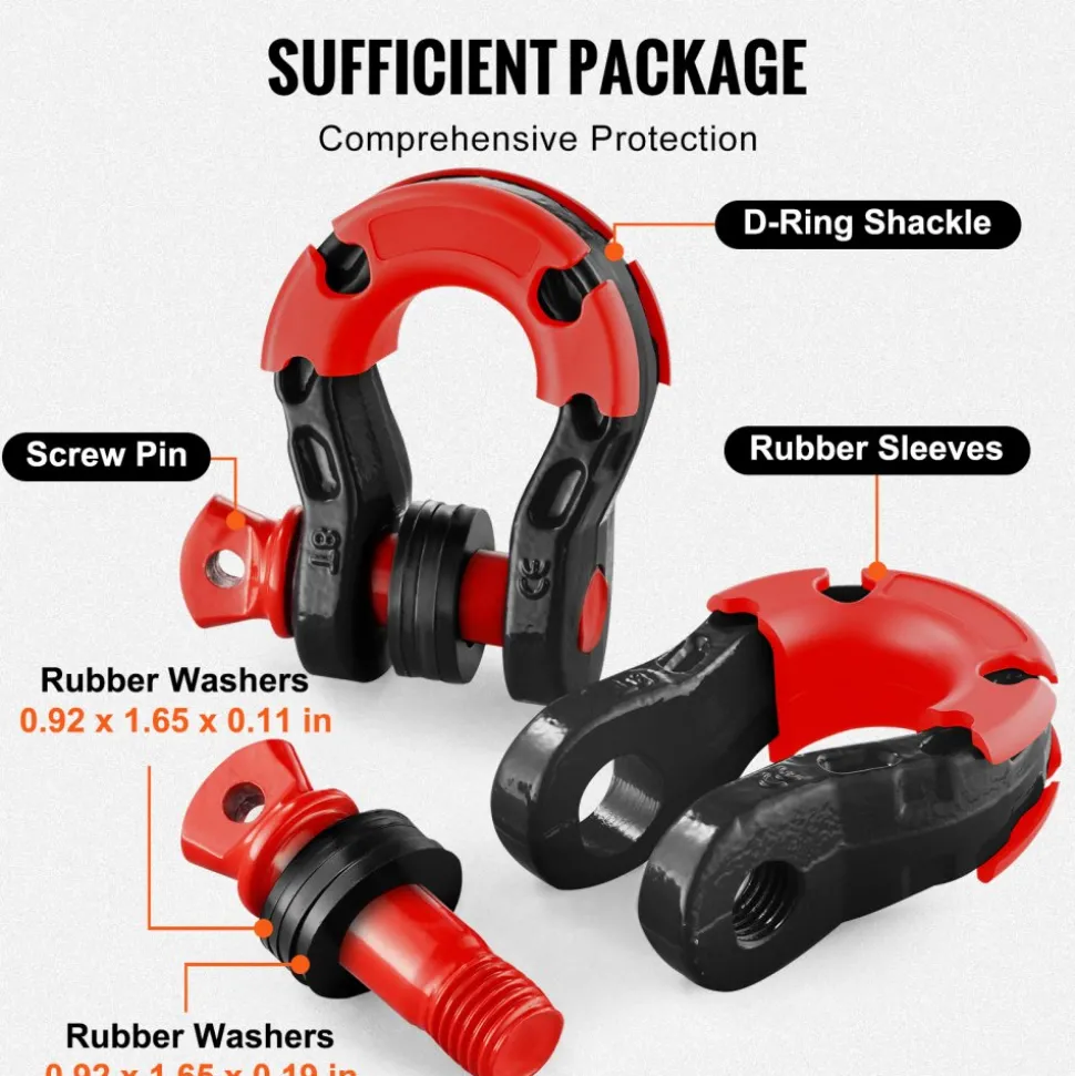 VEVOR 3/4" D-Ring Shackle, 2 Pack Alloy Steel Shackles 66139 lbs (30 Ton) Break Strength with 7/8" Screw Pin, Isolators & Washers, Heavy Duty Off Road Vehicle Recovery Shackle for Jeep Truck, Black