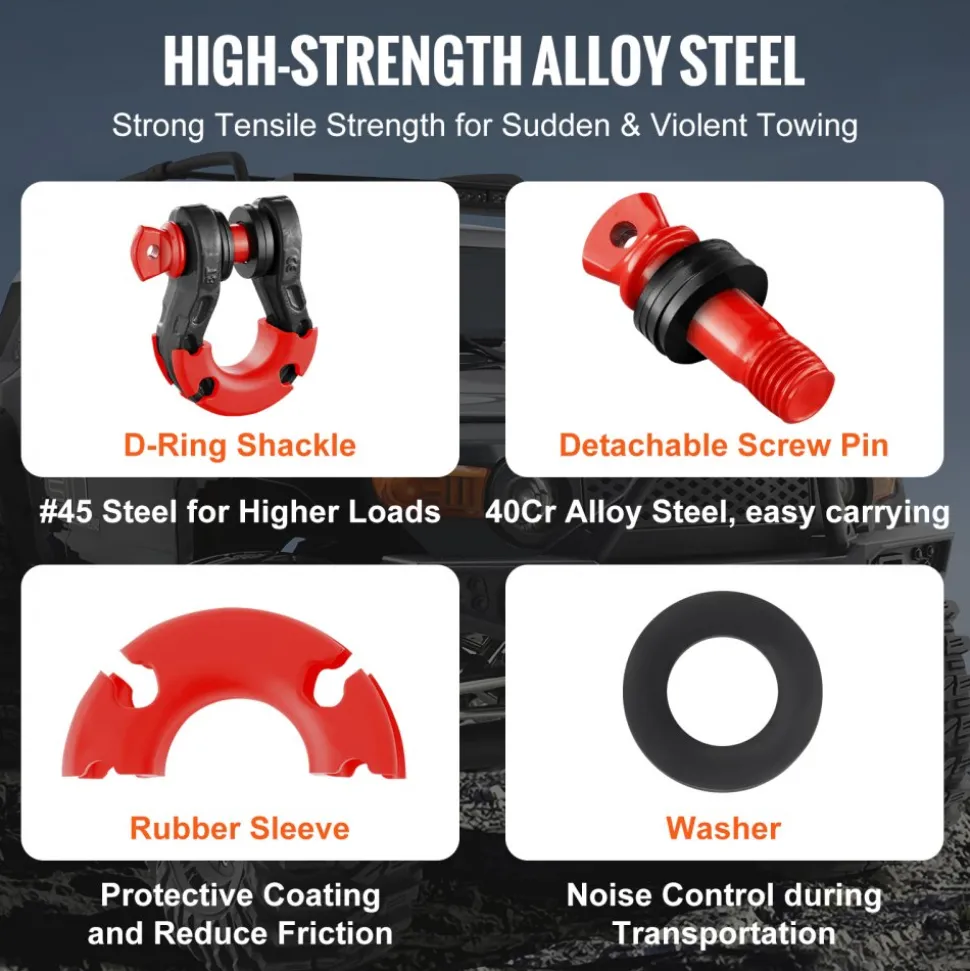 VEVOR 3/4" D-Ring Shackle, 2 Pack Alloy Steel Shackles 66139 lbs (30 Ton) Break Strength with 7/8" Screw Pin, Isolators & Washers, Heavy Duty Off Road Vehicle Recovery Shackle for Jeep Truck, Black
