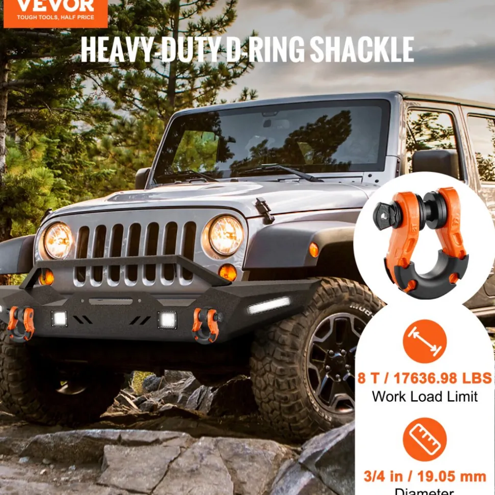 VEVOR 3/4" D-Ring Shackle, 2 Pack Alloy Steel Shackles 66139 lbs (30 Ton) Break Strength with 7/8" Screw Pin, Isolators & Washers, Heavy Duty Off Road Vehicle Recovery Shackle for Jeep Truck, Orange