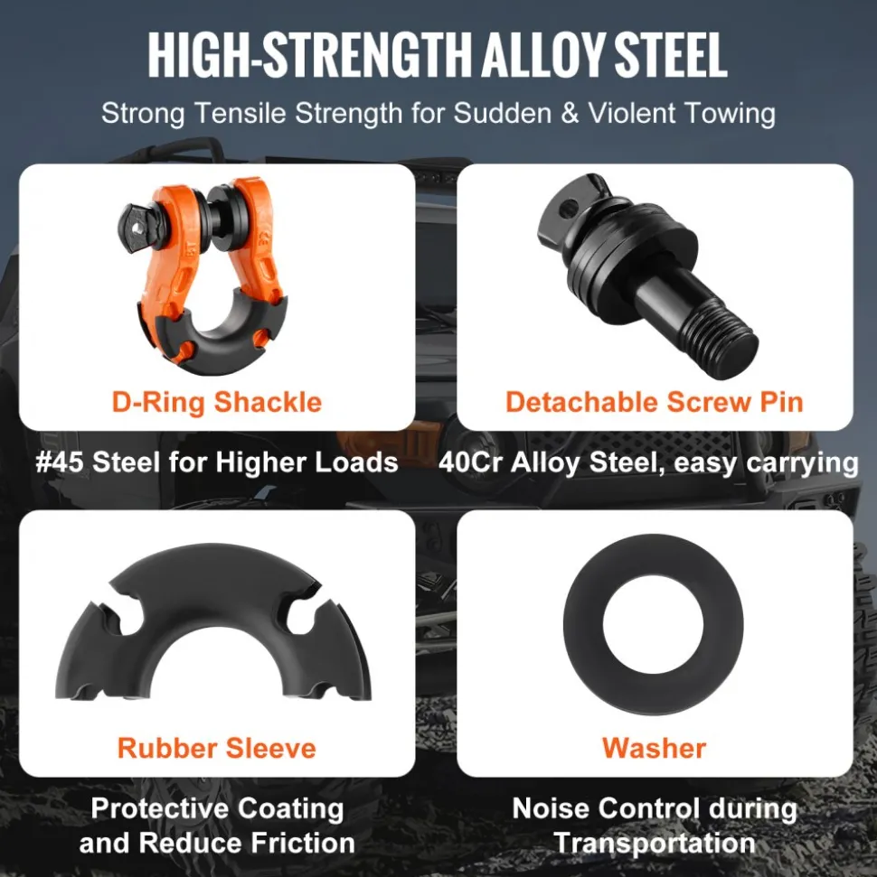 VEVOR 3/4" D-Ring Shackle, 2 Pack Alloy Steel Shackles 66139 lbs (30 Ton) Break Strength with 7/8" Screw Pin, Isolators & Washers, Heavy Duty Off Road Vehicle Recovery Shackle for Jeep Truck, Orange